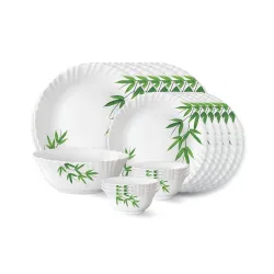 Larah by Borosil Bamboo Leaves Fluted Series Opalware Dinner Set | 19 Pieces for Family of 6 | Microwave & Dishwasher Safe | Bone-Ash Free | Crockery Set for Dining & Gifting | Plates & Bowls | White