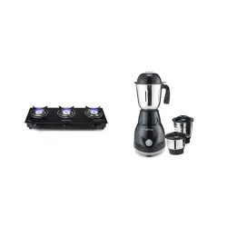 Lifelong LLGS930 Manual Ignition, High Efficiency 3 Burner Gas Stove with Toughened Glass Top (Black) & Lifelong LLMG23 Power Pro 500-Watt Mixer Grinder with 3 Jars, blades (Black)