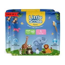 Little Smile Baby Diapers Pant Style | Large (L) Size | Ideal for 9-14 Kgs Baby | 120 Count- Odorless and Antibacterial Layer with Urine Indicator