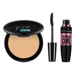 Maybelline New York Hypercurl Mascara Washable, Black, 9.2g & Maybelline New York Compact Powder, With SPF to Protect Skin from Sun, Absorbs Oil, Fit Me, 128 Warm Nude, 8g