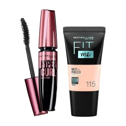 Maybelline New York Hypercurl Mascara Waterproof, Black, 9.2ml and Maybelline New York Fit Me Matte+Poreless Liquid Foundation Tube, 115 Ivory, 18ml