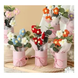 MPROW 1pcs Artificial Crochet Flower Bouquet/Artificial Flowers Bunch/Crochet Flowers Bouquet/Crochet Flowers/Flowers Bouquet Gift for Girls Home Decor,Gifting,etc. (Blue Daisy Bouquet)