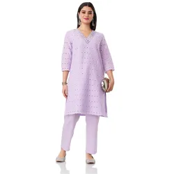 Amazon Brand - Myx Women Schiffli Embroidery Kurta Pant Co-Ord Set | Available as Dress Material (Available in Plus Sizes)