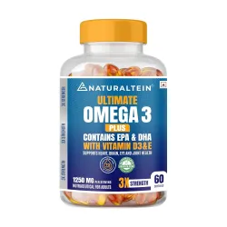 NATURALTEIN Ultimate Omega-3 plus Fish Oil 1250mg Triple Strength Softgel Capsules with vitamin D3 and E | 450mg EPA & 300mg DHA in Triglyceride Form for Better Absorption | Heart, Brain, Eye & Joint Support | Glyphosate-Free | 60 Softgel Capsules | 60-Day Supply
