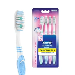Oral-B Precision Clean Sensitive Soft Manual Toothbrush For Adults, Ultra Soft Bristles For Sensitive Teeth and Gums, Multicolour Tooth Brush Set, Oral B Dentist Recommended Brand (Family Pack of 4)