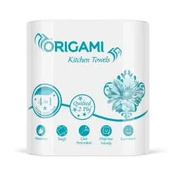 Origami 2 Ply 4 in 1 Kitchen Tissue Paper Roll | Tough, Super Absorbent & Food Safe Tissues for Spotless Cleaning | Ideal for Multi Purpose Use (60 Pulls Per Roll, 240 Sheets)