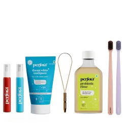 Perfora Whitening Freshness Pack - Dream White Toothpaste for Teeth Whitening, Alchohol Free Lemon Mint Mouthwash, 100% Pure Copper Tongue Cleaner, Sweet Candied Orange & Refreshing Ultra Mint Mouth Spray and Pack of 2 Toothbrushes