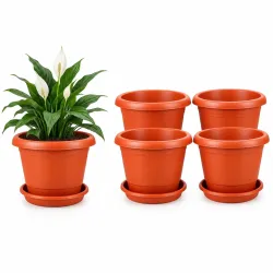 Plant Pots | Plant Pot with Bottom Tray | Plant Pots for Home | Pots for Plants | Flower pots for Indoor & Outdoor | 5 Pieces, 8 inches, Red | Plastic Pots with Plates | with Mark for Drainage Hole