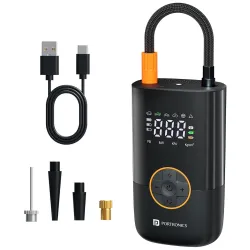 Portronics Vayu Go Rechargeable Tyre Inflator, Upto 150 PSI, 2×2000mAh Batteries, Digital Display, Auto Shut-Off, LED Light with SOS, Type-C Charging for Car, Bike, Cycle & Balls (Black)