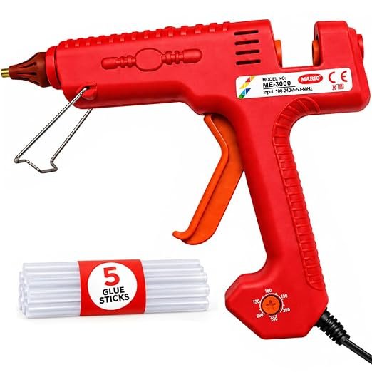 Mario 300W Heavy Duty Glue Gun – Long Use, Nozzle Guard, Temp control+ 5 Crystal Clear Glue Sticks – Red (ME-3000)