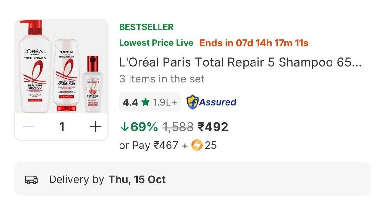L’Oréal Paris Total Repair 5 Shampoo 650ml + Conditioner 175ml + Serum 40ml