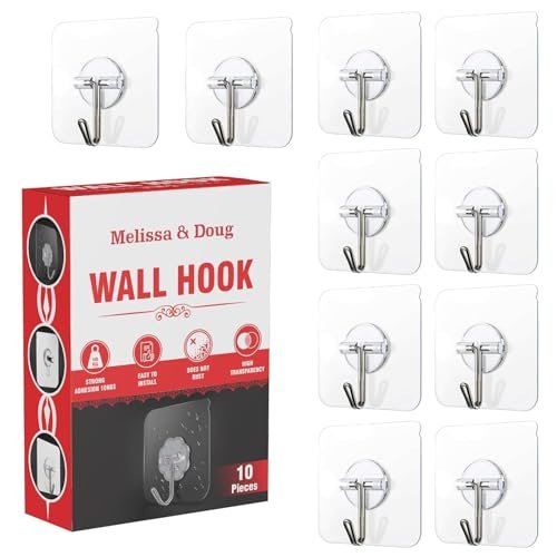 Melissa & Doug Adhesive Hooks Kitchen Wall Hooks- 10 Packs Heavy Duty 5 kg Nail Free Sticky Hangers with Stainless Hooks Reusable Utility Towel ice Cream Counter (Pack of 10)
