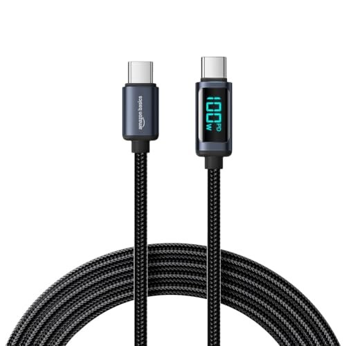 Amazon Basics 100W Type-C to Type-C Charging Cable with Digital Display | PD Fast Charging | 350Mbps Data Transfer | Braided | 1 Meter | Black