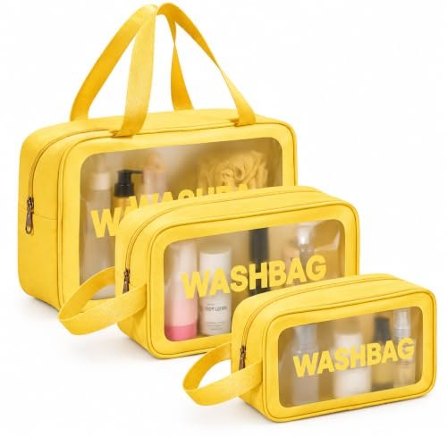 Gritty Wash Bag Pouch for Travel Kit Toiletry Bag Cosmetic Bag Make Up Box for Brushes, Accessories with Handle, Large Capacity Translucent Waterproof Travel Storage Organizer Set of 3 (Yellow)