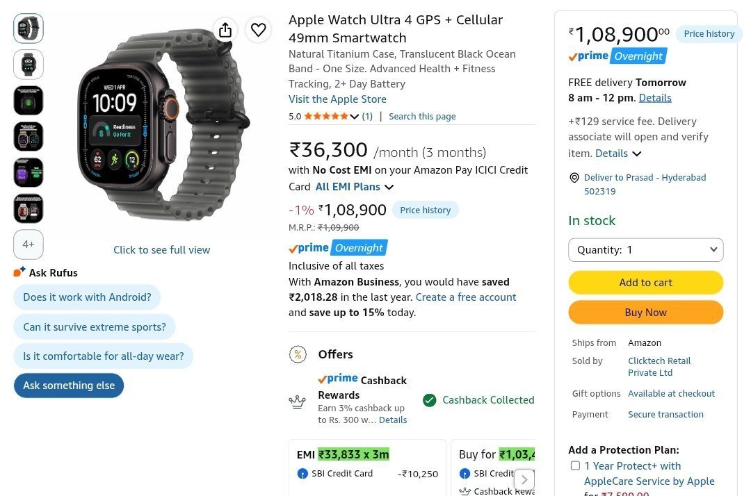 Apple Watch Ultra 4 GPS + Cellular 49mm Smartwatch
