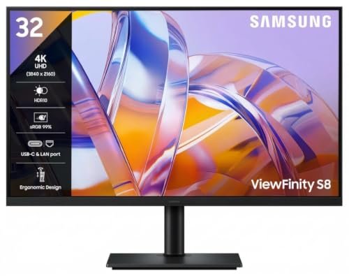 Samsung 32" ViewFinity S8 Monitor| 4K 3840 x 2160 |350nits| 1.07 Billion Colors| SRGB 99% | PIP | PBP | HDR10 |Display Port| HDMI Port | Multiple USB Ports | Eye Care|LS32H802UAWXXL|Black