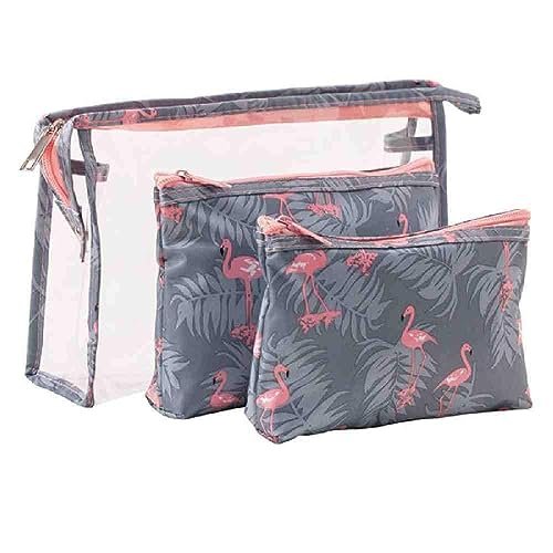 House of Quirk Flamingo Makeup Bag Set For Women Portable 3 Different Sizes Toiletry Kit Bag For Travel Daily Use For Women Girl (Flamingo Grey, Set Of 3)