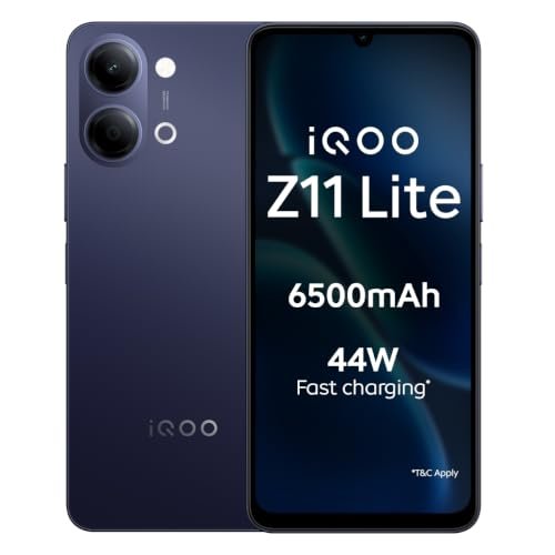 iQOO Z11 Lite 44W 5G (Midnight Blue, 4GB RAM, 128GB Storage) | 6500mAh Battery with 44W Fast Charging | Dimensity 6300 with 579k+ AnTuTu Score | OriginOS 6.0 with AI Creation & Private Space