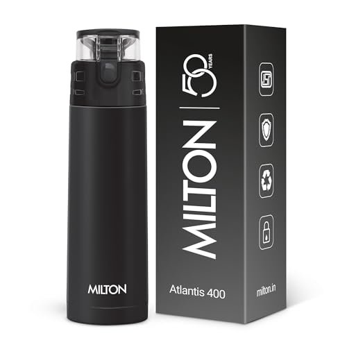 Milton Atlantis 400 Thermosteel Water Bottle 350 ml, 24 Hr Hot and Cold I Leak Proof Lid, ISI Certified I Vacuum Insulated I for Office, Gym, School I Black