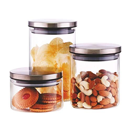 Borosil Classic Glass Jar, Air-Tight Storage Container For Kitchen, Glass Jar For Storing Spices, Snacks, Grains, Dals, Set of 3 (300 ml, 600 ml, 900 ml), Clear