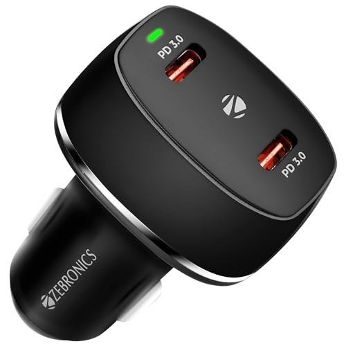 ZEBRONICS CC60 Car Charger with 60 Watts Rapid Charge, Dual Type C PD Ports, Compact Design, Built in Protections, LED Indicator
