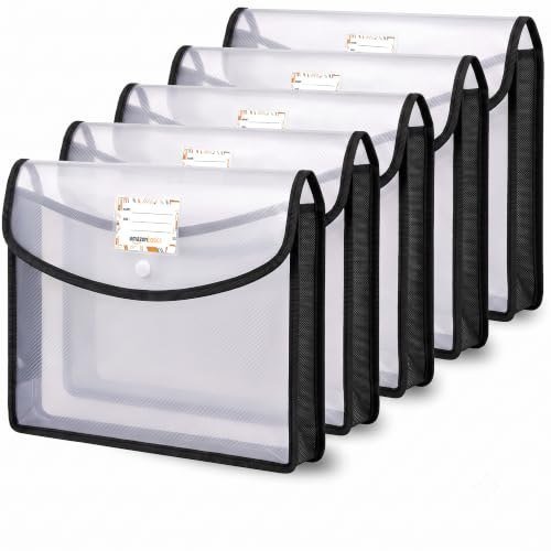 Amazon Basics Horizontal File Folder | Transparent Poly-Plastic Envelope Pouch for A4/Foolscap Documents | Water Resistant Snap Button File Storage Bag | Office, School Stationery | Black - Pack of 5