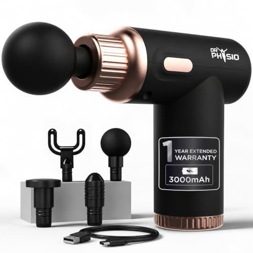 Dr Physio USA Dynamo Rechargeable Percussion Massage Gun | 3000mAh Battery | 6 Speed Levels | 4 Removable Heads Electric Full Body Gun Massager, Pain Relief Cordless Deep Tissue Massage Machine - 1034