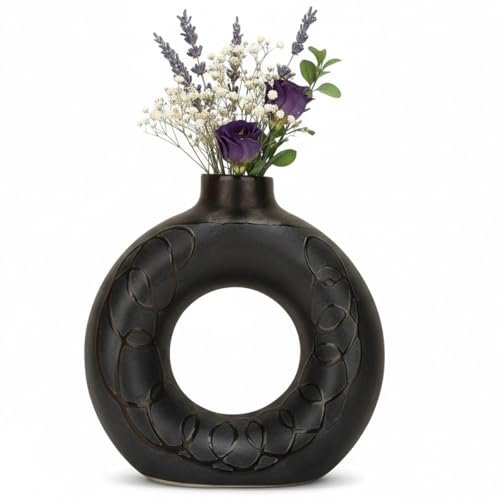 BENAVJI Black Ceramic Donut 6 Inch Modern Flower Vase for Pampas Grass, Dried Flowers, Home & Office Decor, Centerpiece, Handcrafted Gift Vase Only