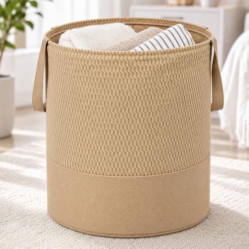 Pivalo 45L Foldable Laundry Basket Round Freestanding Laundry-Bag with Handles Wave Print Non-Woven Lined Organizer Bin Collapsible Hamper for Bedroom Blanket Bathroom Cloth Toy Storage (1Pc, Beige)