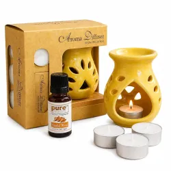 Pure Source India Ceramic Aroma Gift Set with 10 Ml Sandalwood Oil and 4 Tea Candles (Blue)