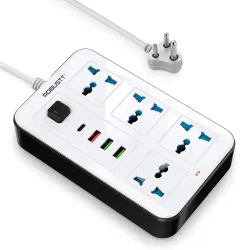 Robustt 4‑Outlet Extension Board with 3 USB & 1 Fast Charging Type-C Port