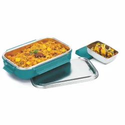 Signora Ware Health Bud Small Stainless Steel Lunch Box with Steel Lid (with Insulation Puffing) and Small Handy Steel Container with Leakproof Plastic Lid, 650Ml + 150Ml, E Green, Set of 2