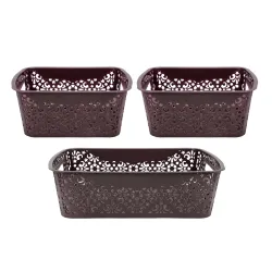 SIMPARTE Turkish Basket Small and Medium Plastic Organizer Durable with Handles for Kitchen, Wardrobe, Bathroom – Multipurpose for Clothes, Books, Toys (Set of 3, Brown)
