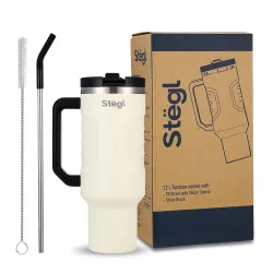 Stegl 1.2L Stainless Steel Tumbler with Handle & Reusable Straw | Double-Wall Insulated Travel Cup with Lid | Vanilla Mist