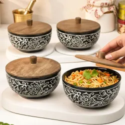 The Earth Store Black Artvine Ceramic Bowl Set of 4 – 500ML Each with Nob Wooden Lid | Mixing Bowls for Snacks, Rice, Dal, Fruits, Salad Microwave Safe Bowl with Lid Perfect Gifting & Daily Use