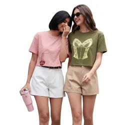 Women Cotton Boxy Crop T-Shirt Combo Pack of 2 | Round Neck Half Sleeve Casual Summer Tops | Soft & Breathable Fabric | Stylish Printed Graphic Crop Tees | XS–XL