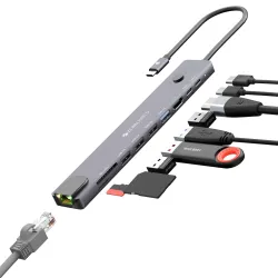 Zebronics 10-in-1 Type-C Multiport Hub, 100W PD Support, 5Gbps Data Transfer, HDMI 1.4 (4K@30Hz) with On/Off Button, USB 3.0, RJ45, SD, mSD, Metal Body, LED Indicator (CT101 Plus)